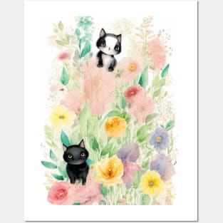 Black Cats in the Flower Garden Soft Pastel Colors Posters and Art